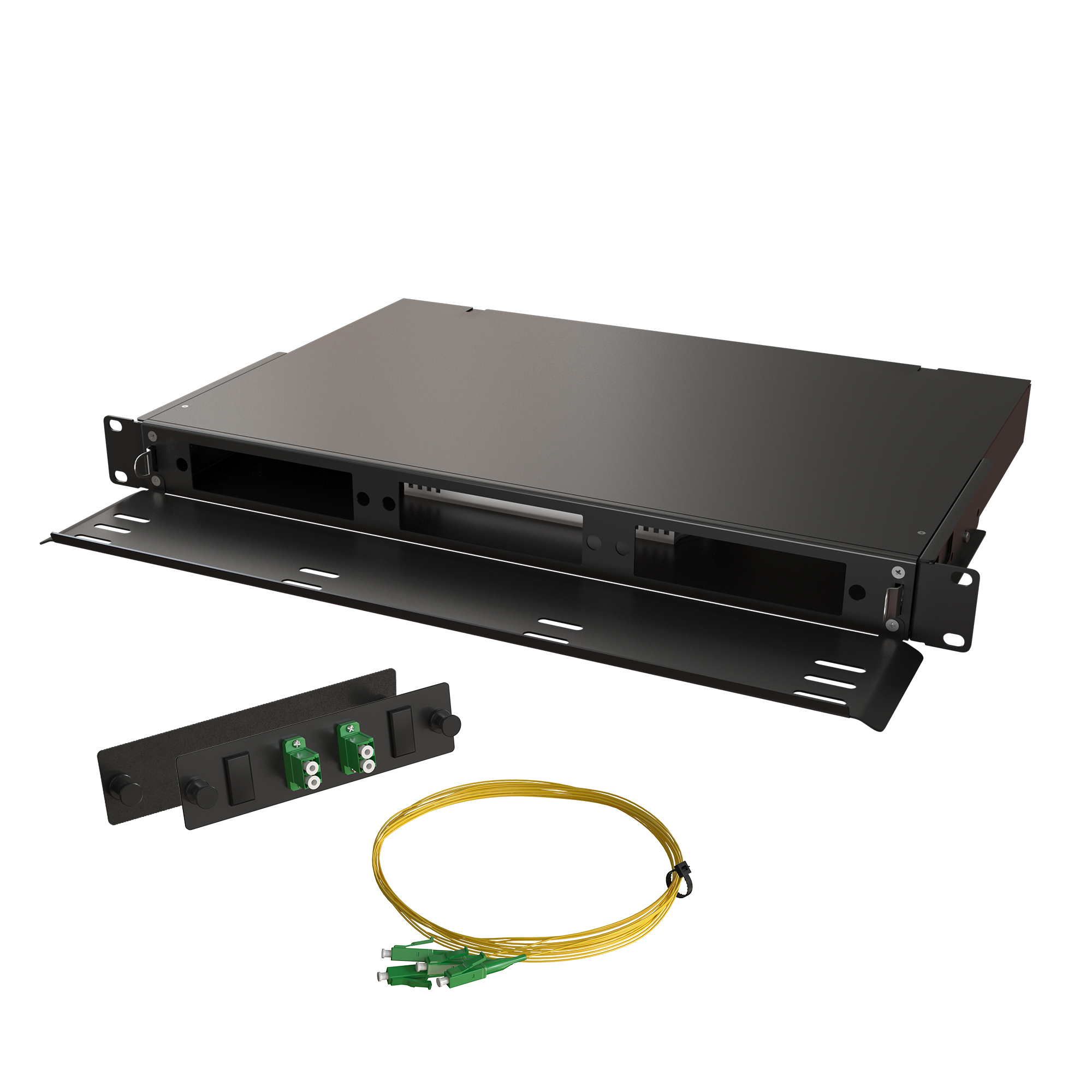 Кросс КТП, выдвижной, полный комплект, 2 розетки 2LC/APC, SM 9/125 OS2, 4 порта, 1U, цвет черный