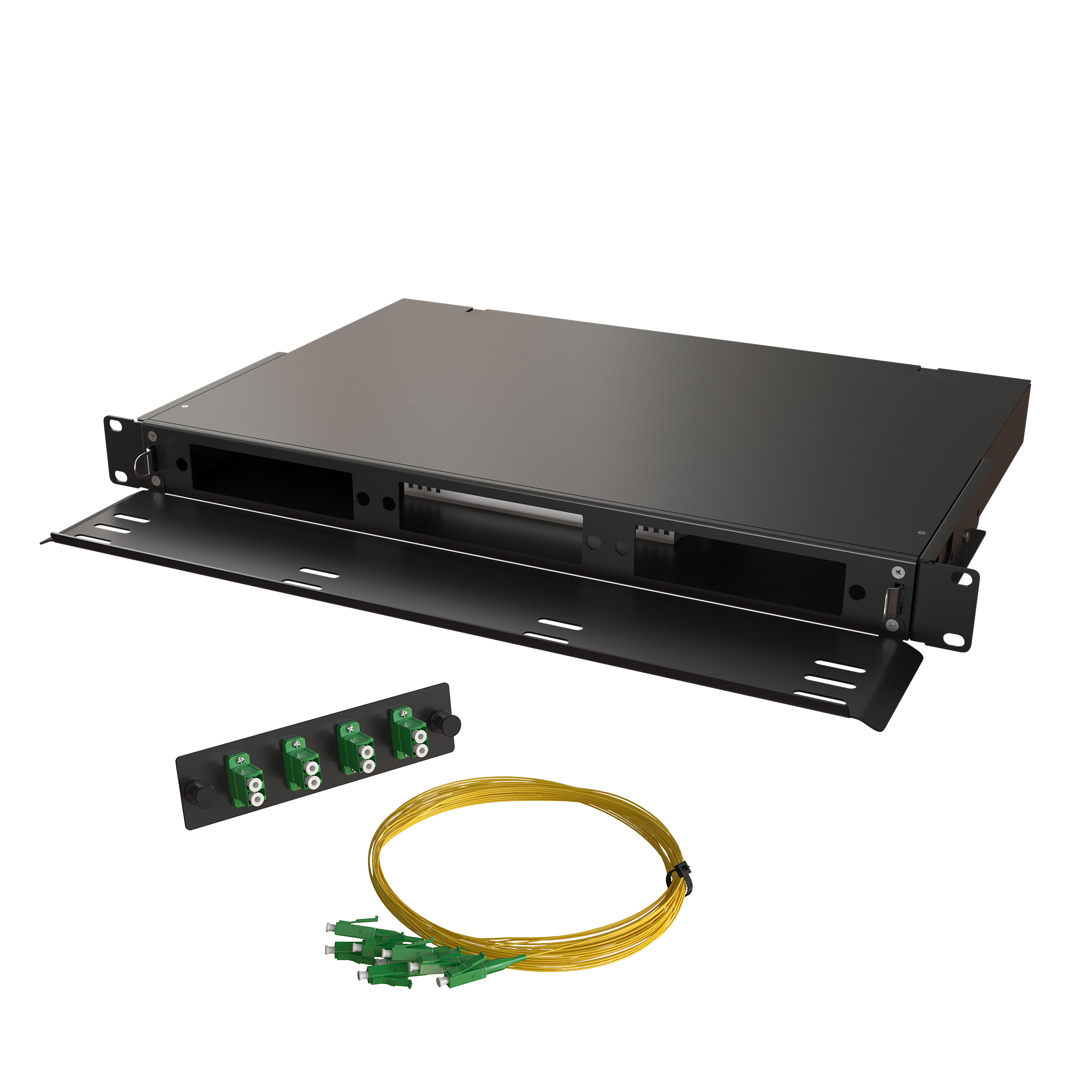 Кросс КТП, выдвижной, полный комплект, 12 розеток 2LC/APC, SM 9/125 OS2, 24 порта, 1U, цвет черный