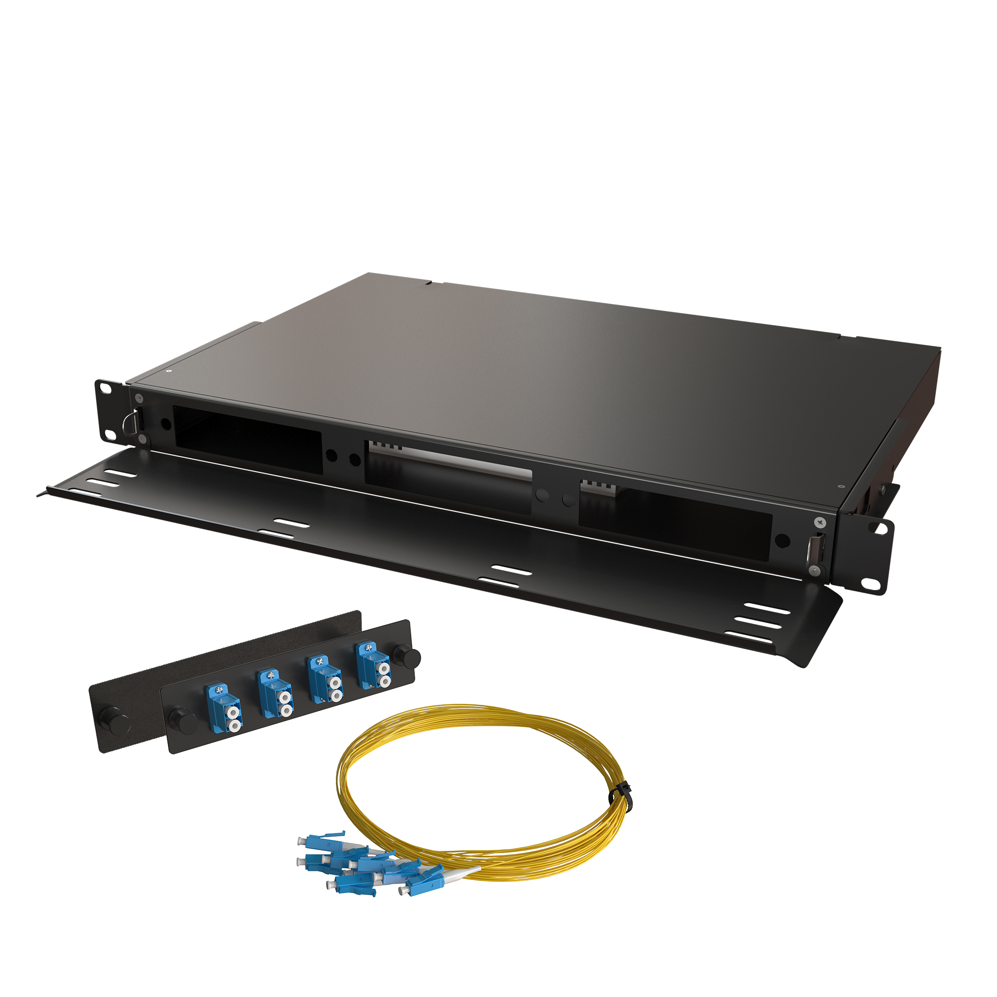 Кросс КТП, выдвижной, полный комплект, 4 розетки 2LC/UPC, SM 9/125 OS2, 8 портов, 1U, цвет черный