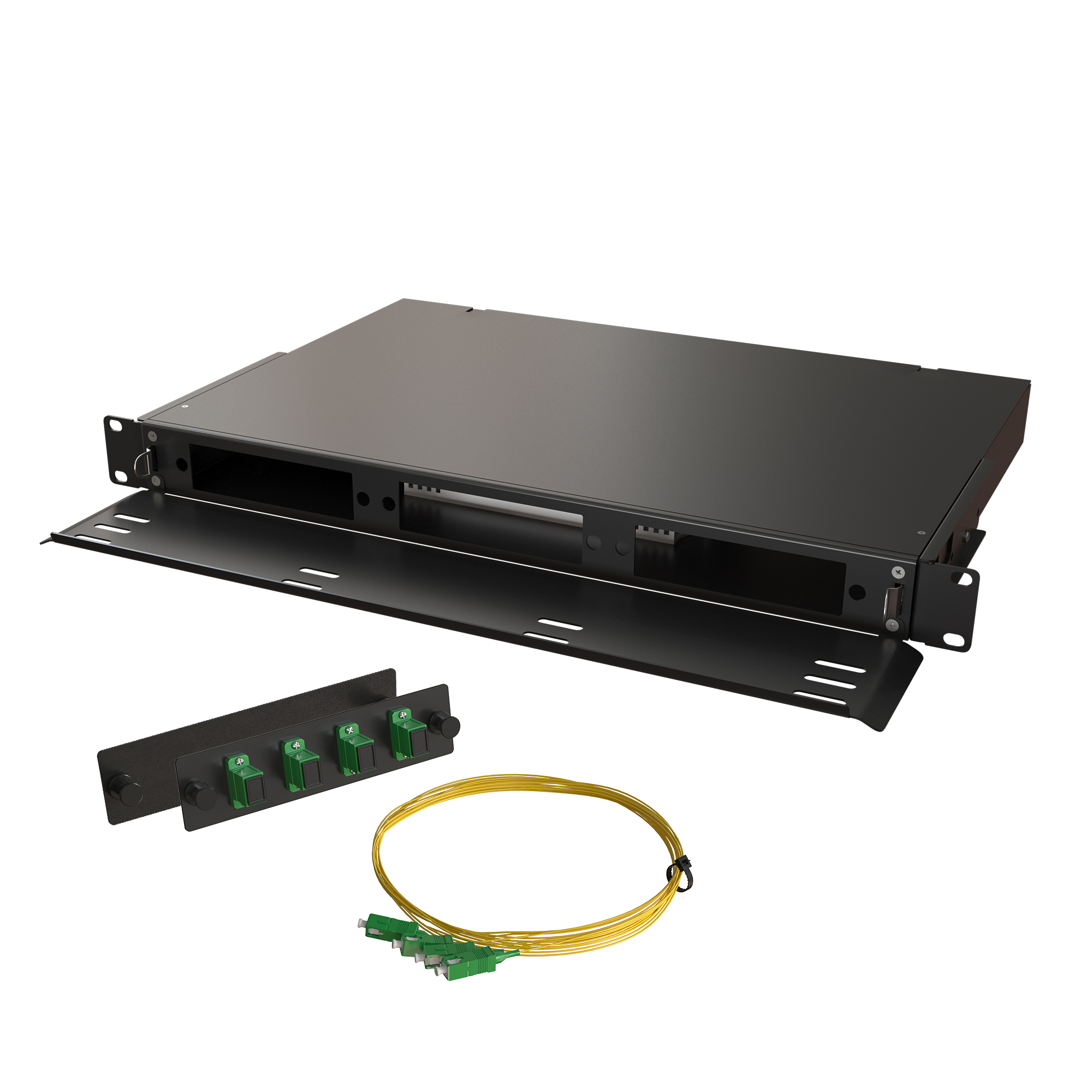 Кросс КТП, выдвижной, полный комплект, SC/APC, SM 9/125 OS2, 4 порта, 1U, цвет черный