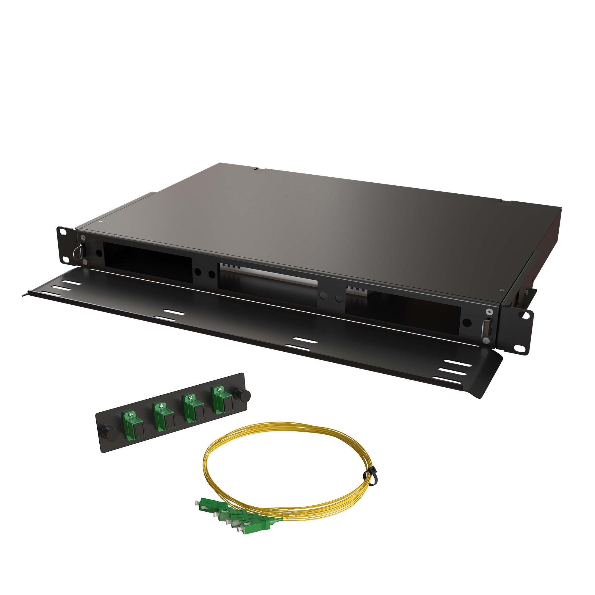 Кросс КТП, выдвижной, полный комплект, SC/APC, SM 9/125 OS2, 12 портов, 1U, цвет черный