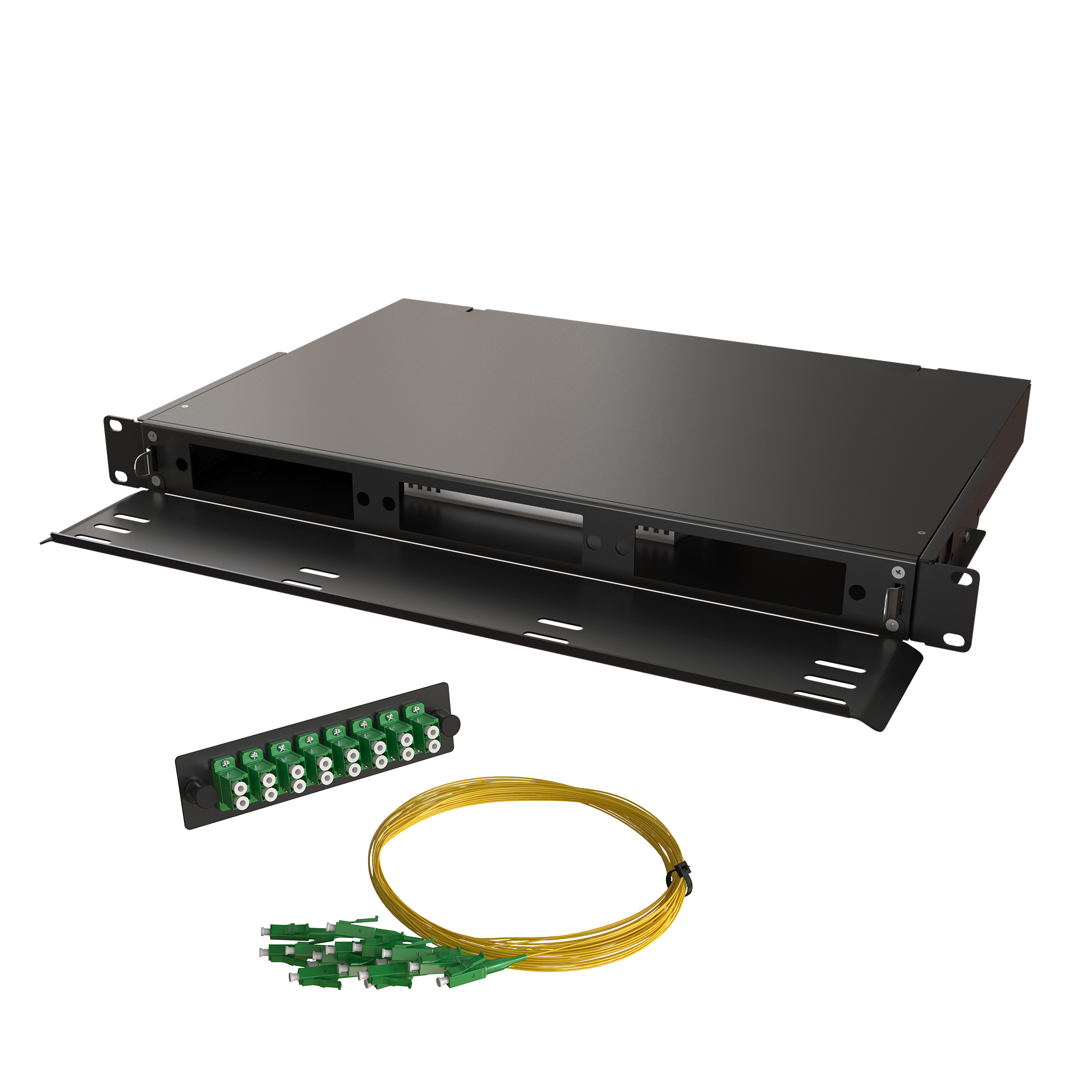 Кросс КТП, выдвижной, полный комплект, 24 розетки 2LC/APC, SM 9/125 OS2, 48 портов, 1U, цвет черный