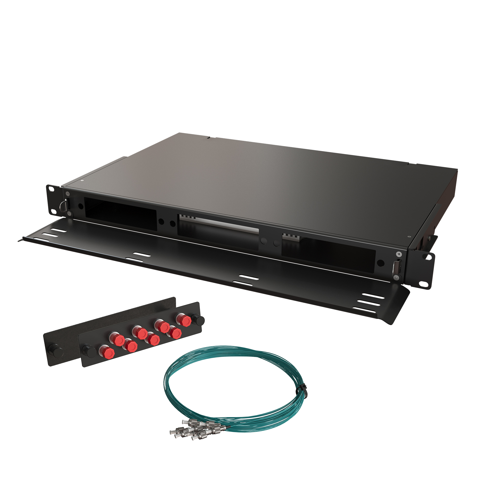Кросс КТП, выдвижной, полный комплект, FC/UPC, MM 50/125 OM3, 8 портов, 1U, цвет черный
