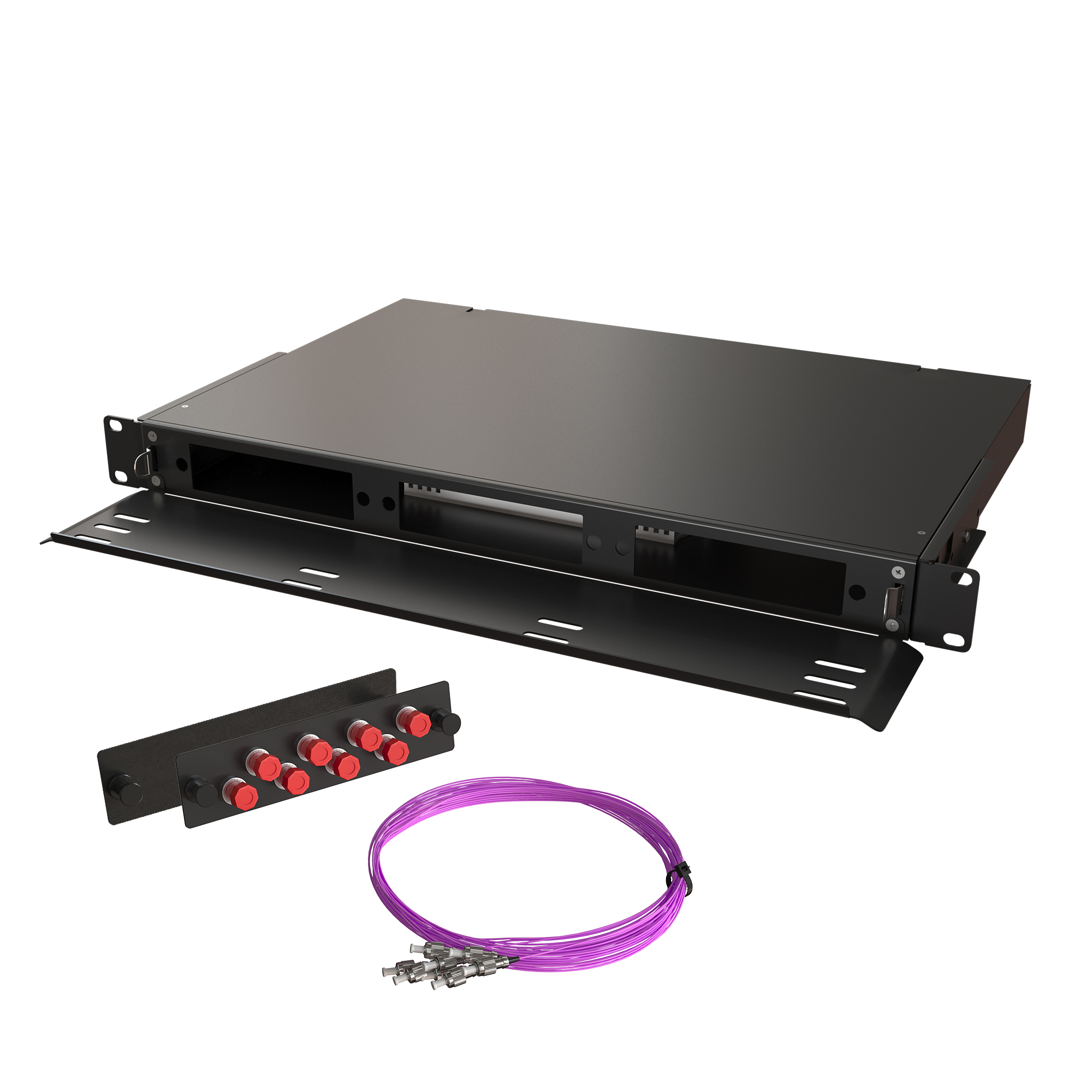 Кросс КТП, выдвижной, полный комплект, FC/UPC, MM 50/125 OM4, 16 портов, 1U, цвет черный