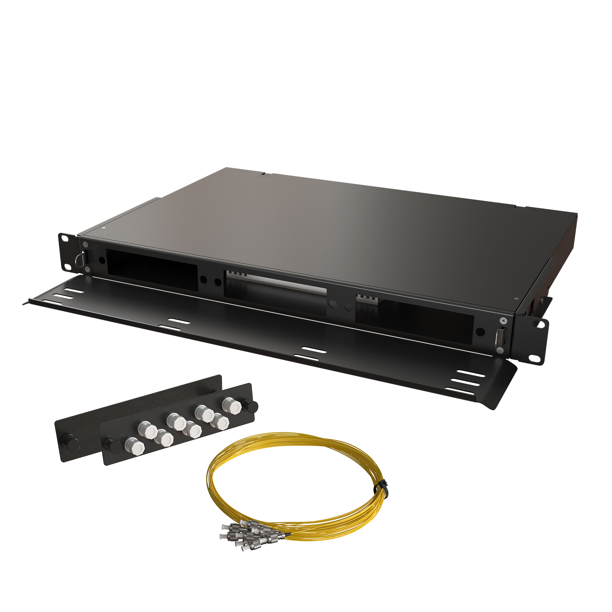 Кросс КТП, выдвижной, полный комплект, FC/UPC, SM 9/125 OS2, 16 портов, 1U, цвет черный