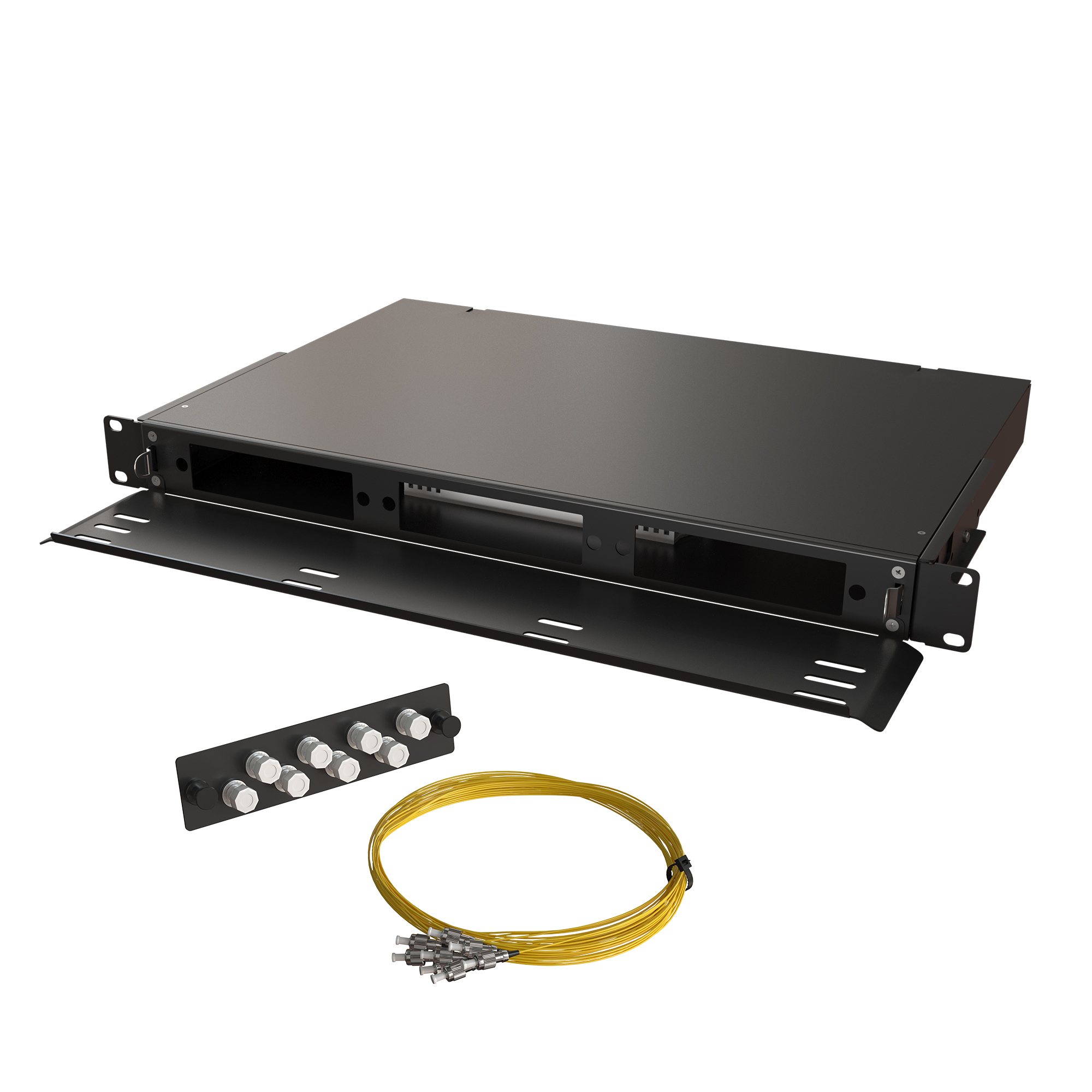 Кросс КТП, выдвижной, полный комплект, FC/UPC, SM 9/125 OS2, 24 порта, 1U, цвет черный