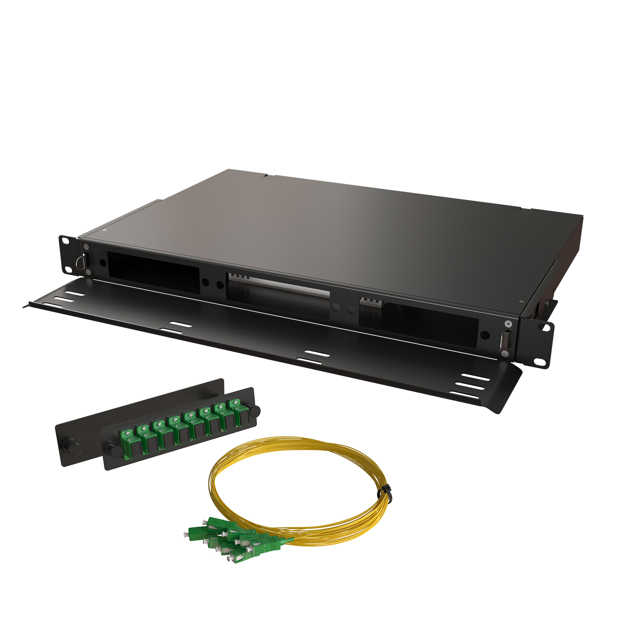 Кросс КТП, выдвижной, полный комплект, SC/APC, SM 9/125 OS2, 16 портов, 1U, цвет черный