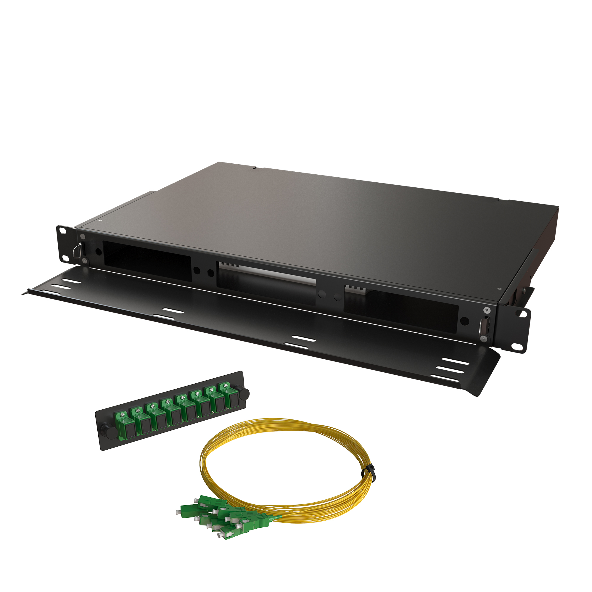 Кросс КТП, выдвижной, полный комплект, SC/APC, SM 9/125 OS2, 24 порта, 1U, цвет черный