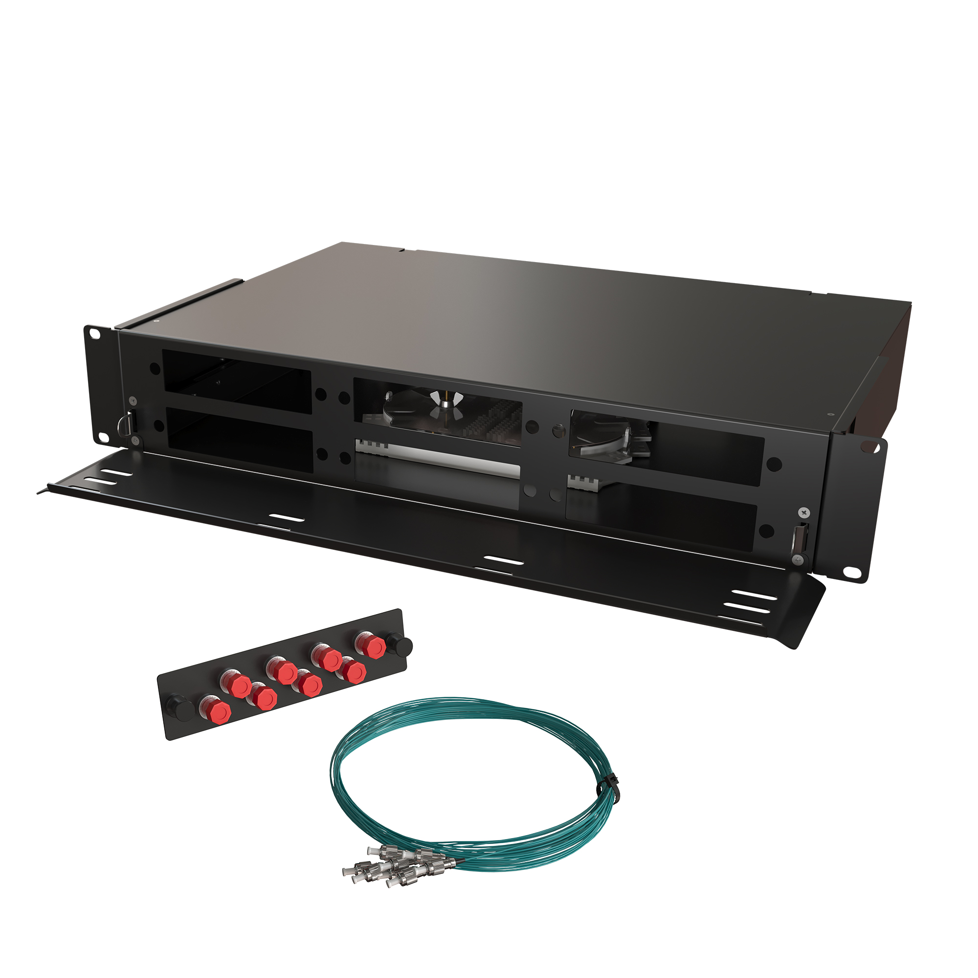 Кросс КТП, выдвижной, полный комплект, FC/UPC, MM 50/125 OM3, 48 портов, 2U, цвет черный