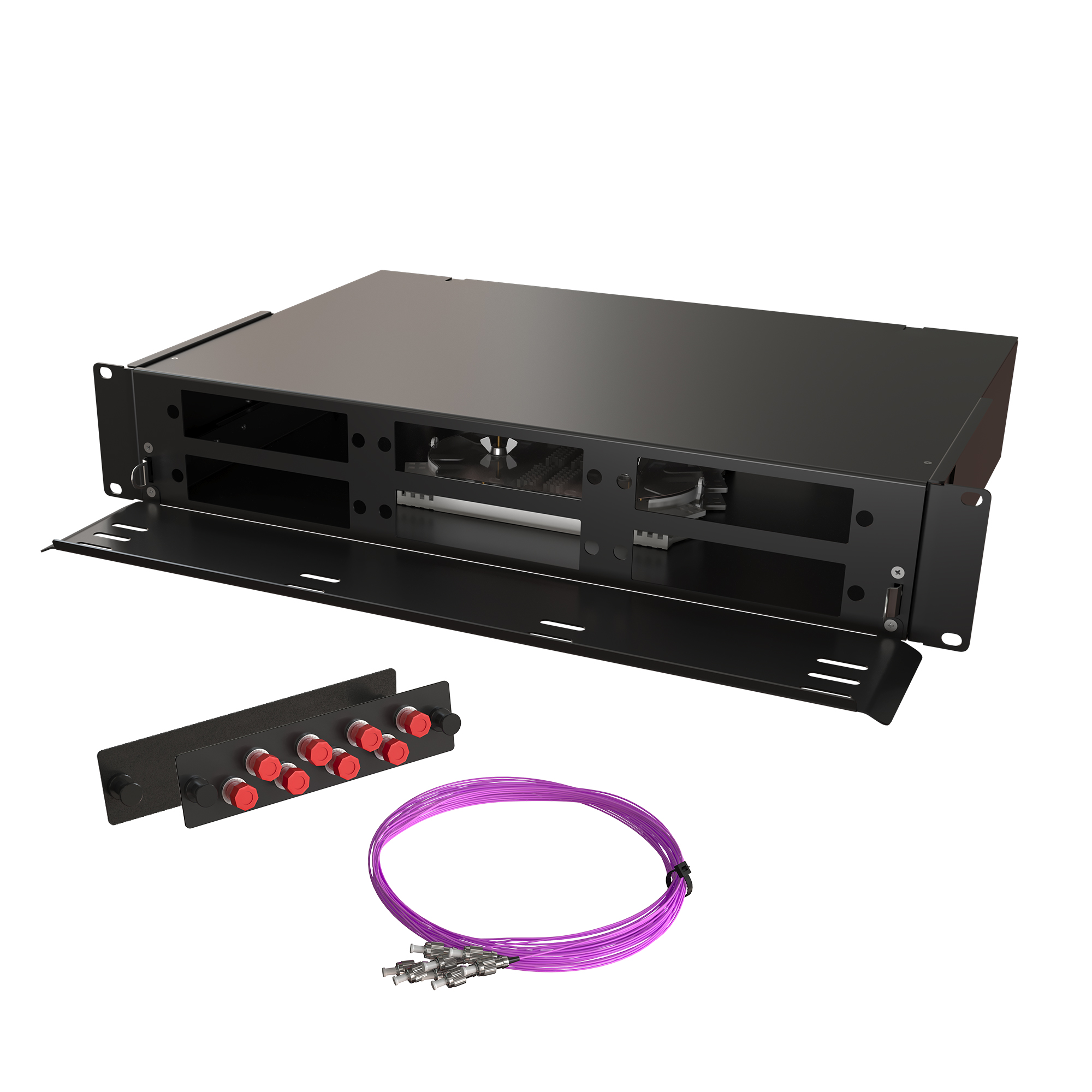 Кросс КТП, выдвижной, полный комплект, FC/UPC, MM 50/125 OM4, 32 порта, 2U, цвет черный