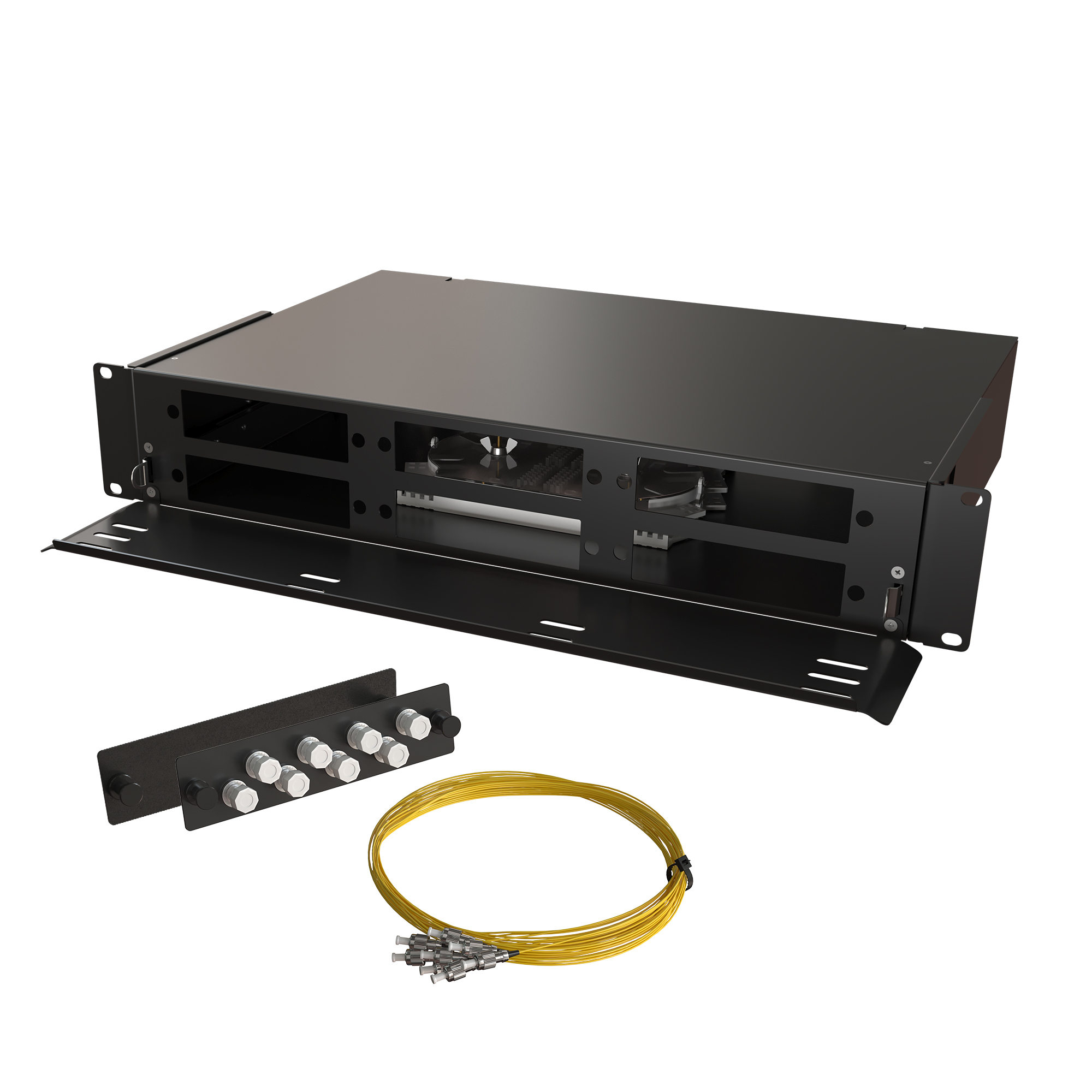 Кросс КТП, выдвижной, полный комплект, FC/UPC, SM 9/125 OS2, 32 порта, 2U, цвет черный