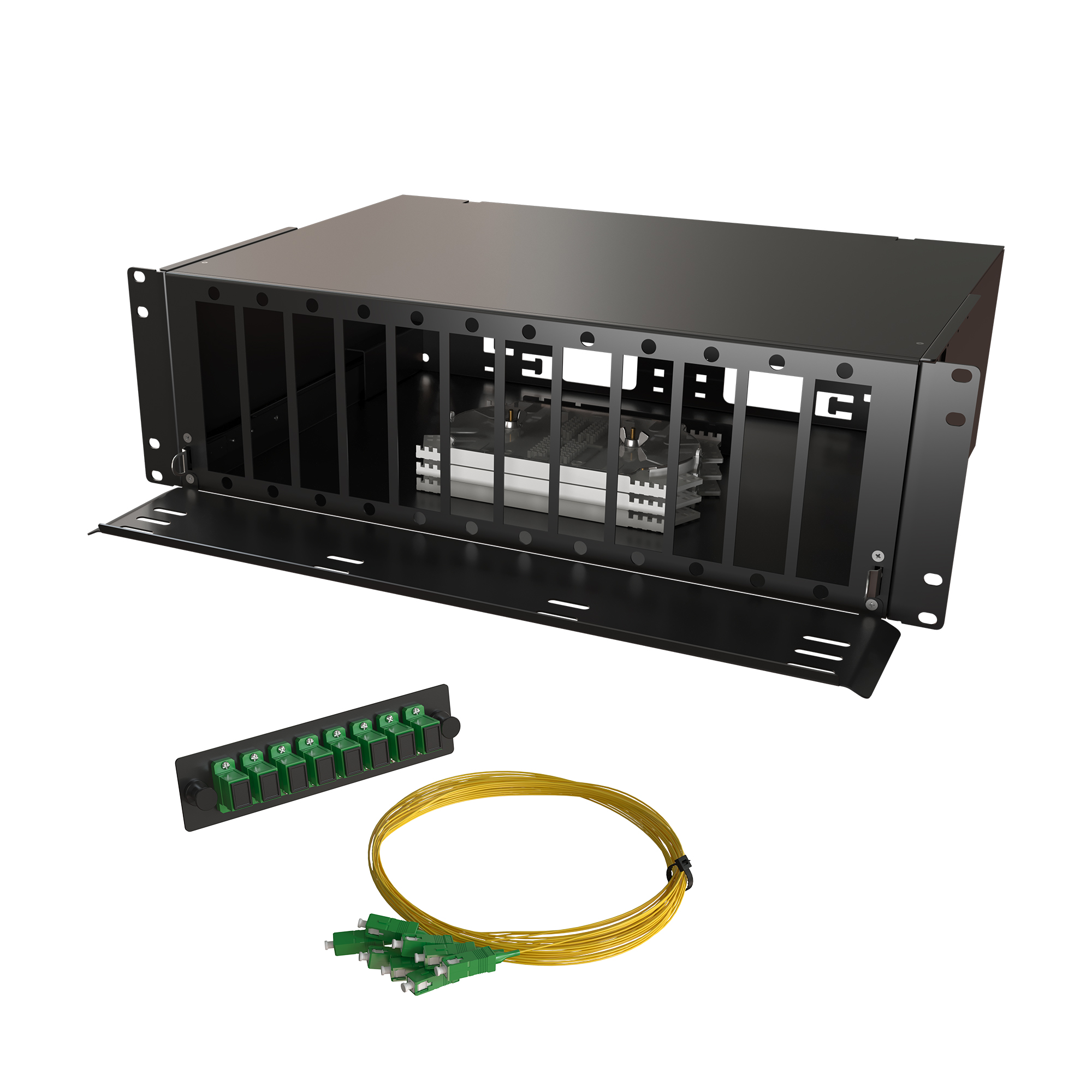 Кросс КТП, выдвижной, полный комплект, SC/APC, SM 9/125 OS2, 64 порта, 3U, цвет черный