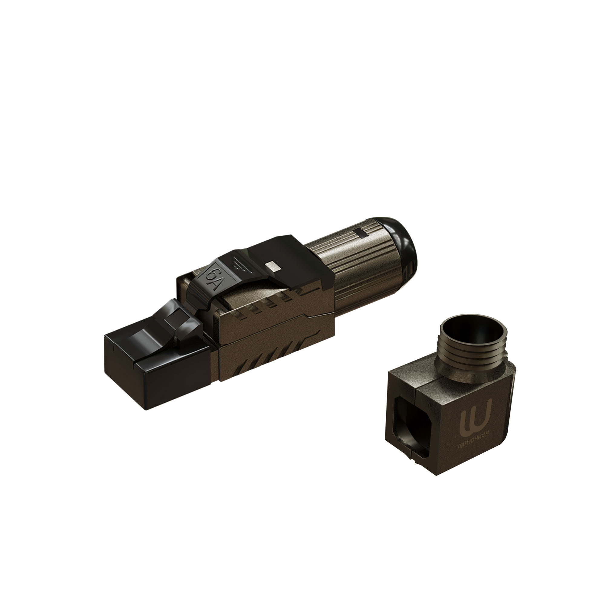 Коннектор RJ45/8P8C под витую пару, Кат.6, T568B, с фиксатором кабеля под 90°, самозажимной, полный экран