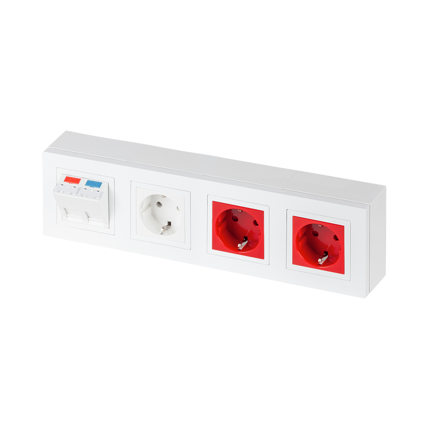 Рабочее место расширенное, наст. исп., 300х84, 2 модуля RJ-45, категория 6A STP, 1 розетка Shuko белая, 2 розетки Shuko красные, цвет белый